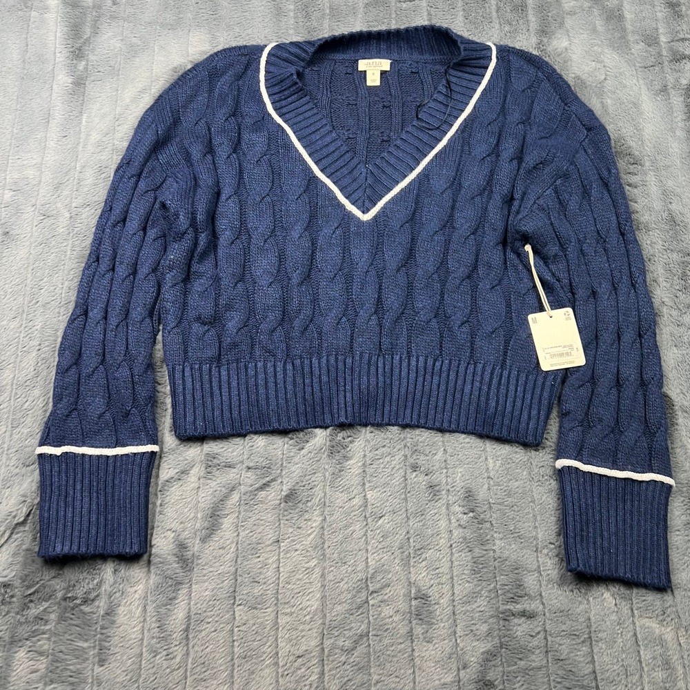 a.n.a Navy Blue Cable Knit V-Neck Sweater White Trim Cropped Medium 878316J